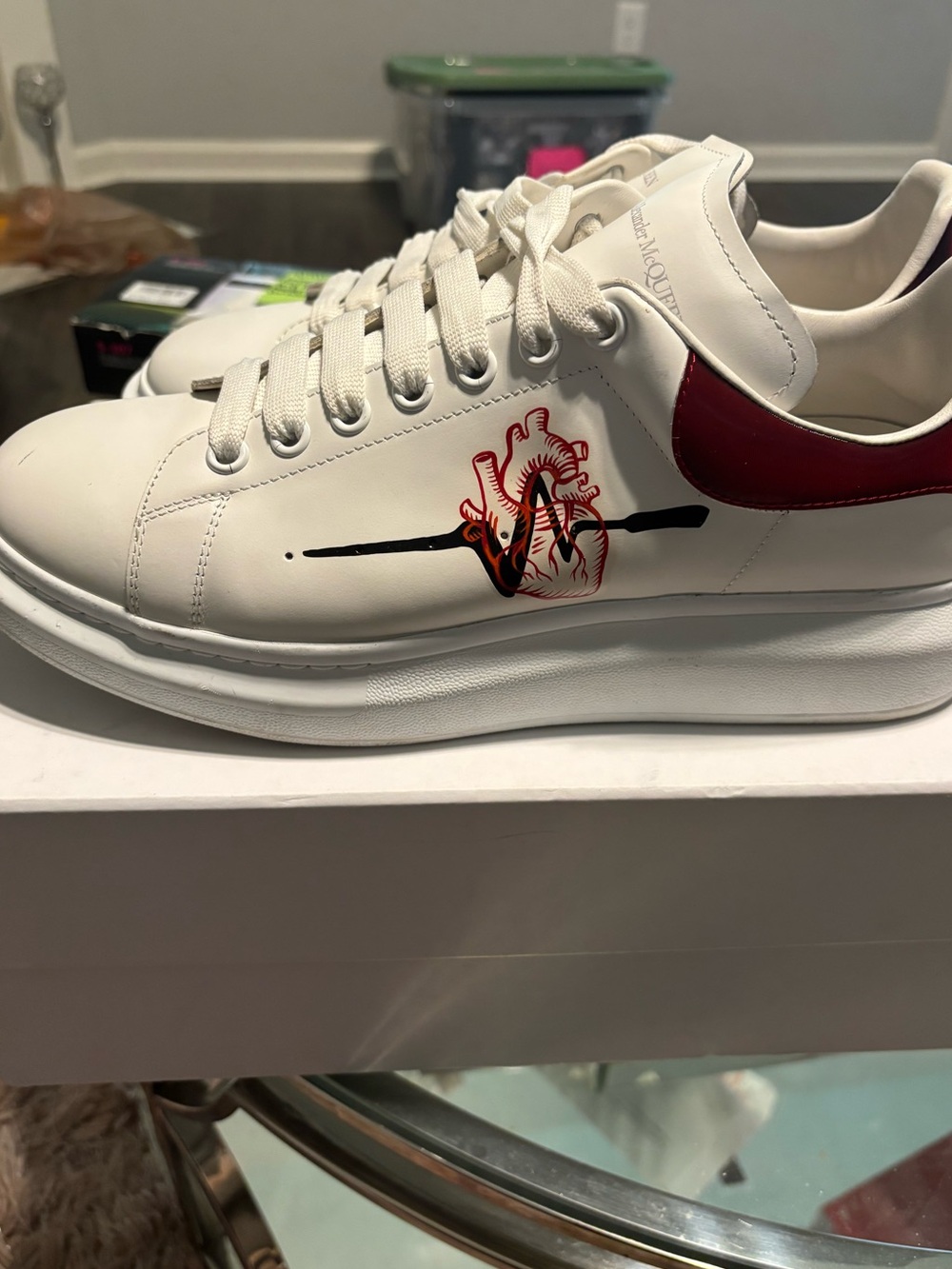 Alexander McQueen White Leather Sneakers with Red Heel Panel and Graphic Detail